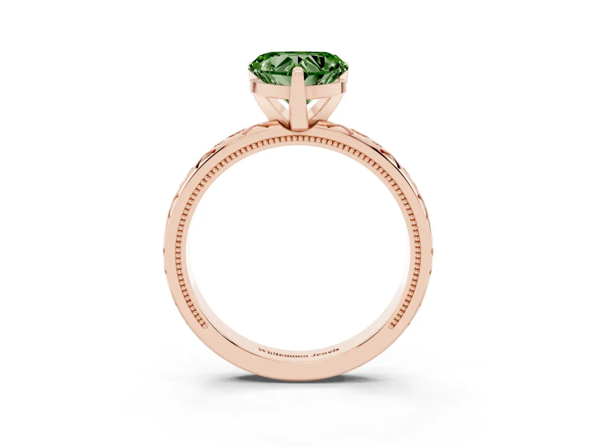 Fancy Green Heart Cut Solitaire Engagement Ring with Scrollwork Band and Four-Prong Setting Rose gold