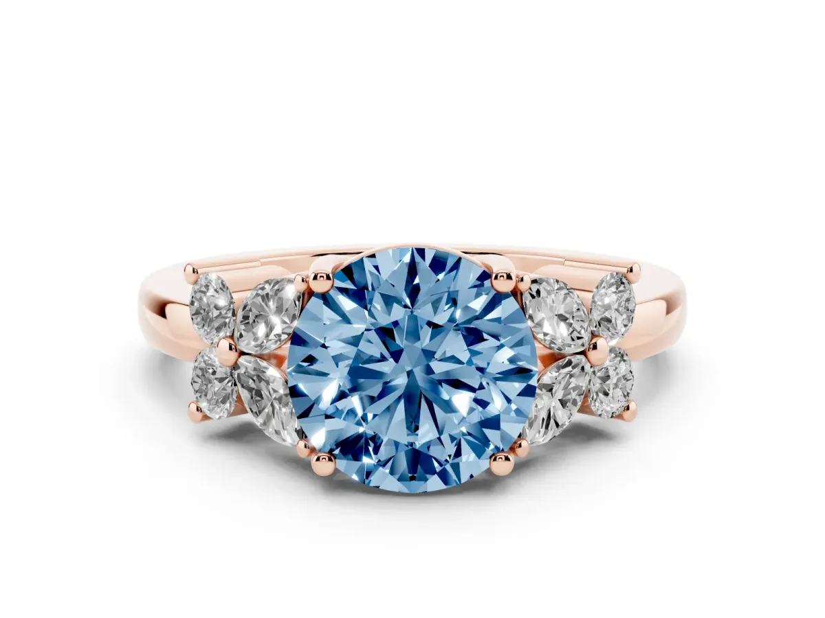 Fancy Blue Round Cut Diamond Floral Cluster Ring with Solitaire Band and Prong Setting Rose gold
