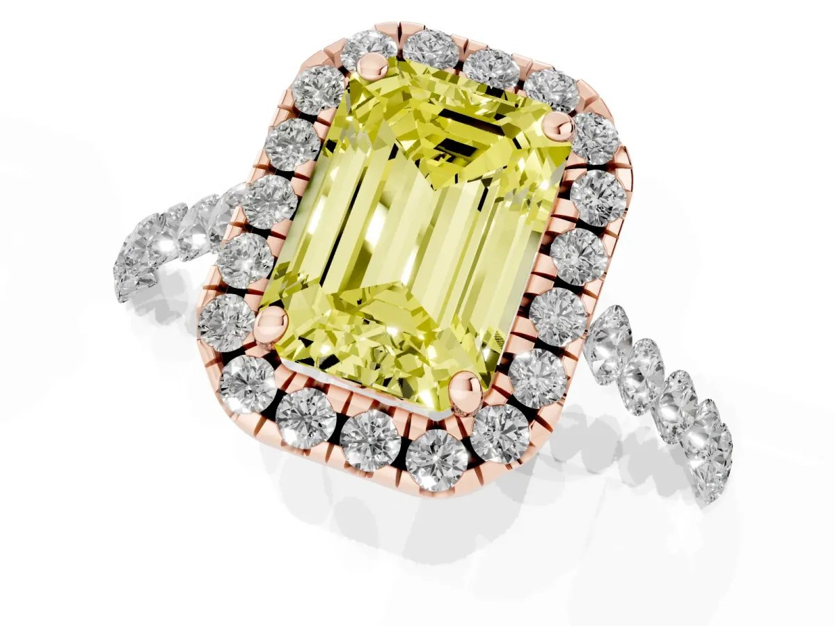 Fancy Yellow Emerald Cut Halo Pavé Diamond Engagement Ring with Four-Prong Setting Rose gold