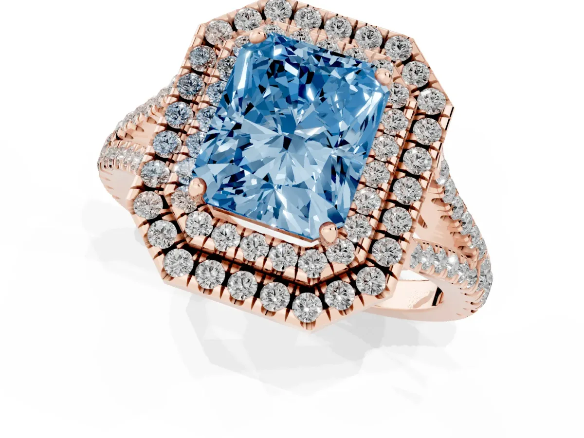 Fancy Blue Radiant Cut Diamond Double Halo Ring with Pavé Band and Prong Setting Rose gold