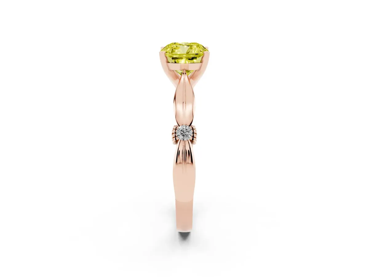 Fancy Yellow Cushion Cut Solitaire Diamond Twisted Band with Four-Prong Setting Rose gold