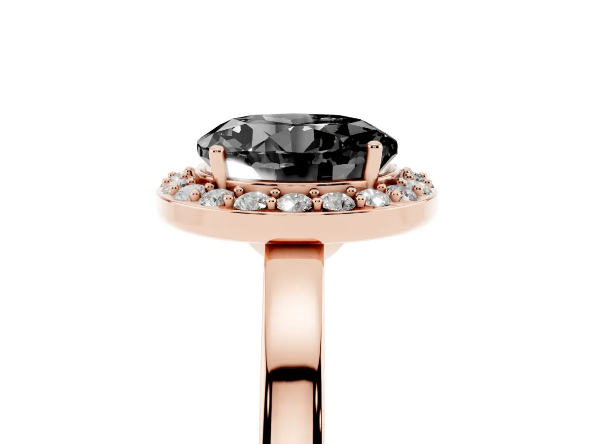 Fancy Black Round Cut Halo Diamond Ring with Solitaire Band and Prong Setting Rose gold