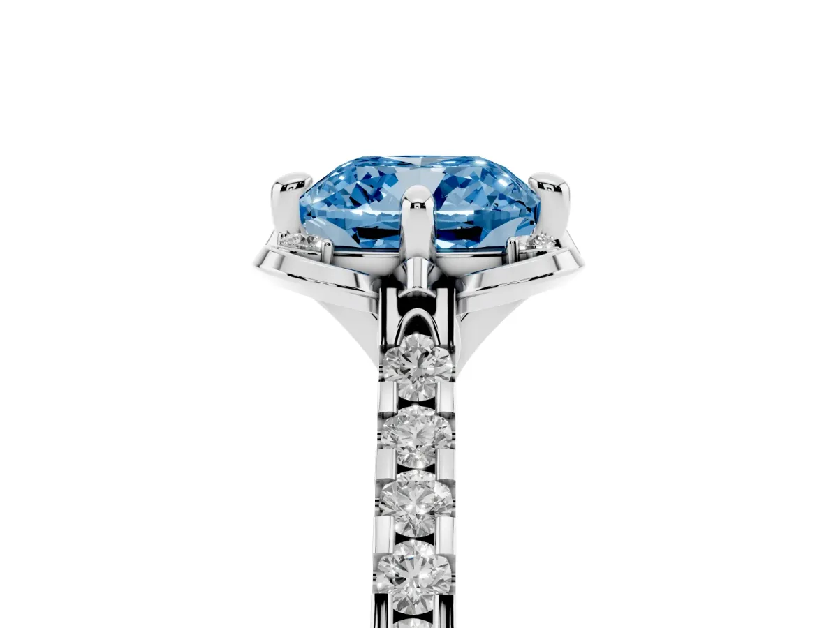 Fancy Blue Cushion Cut Diamond Ring with Pavé Band and Floral Prong Setting Silver