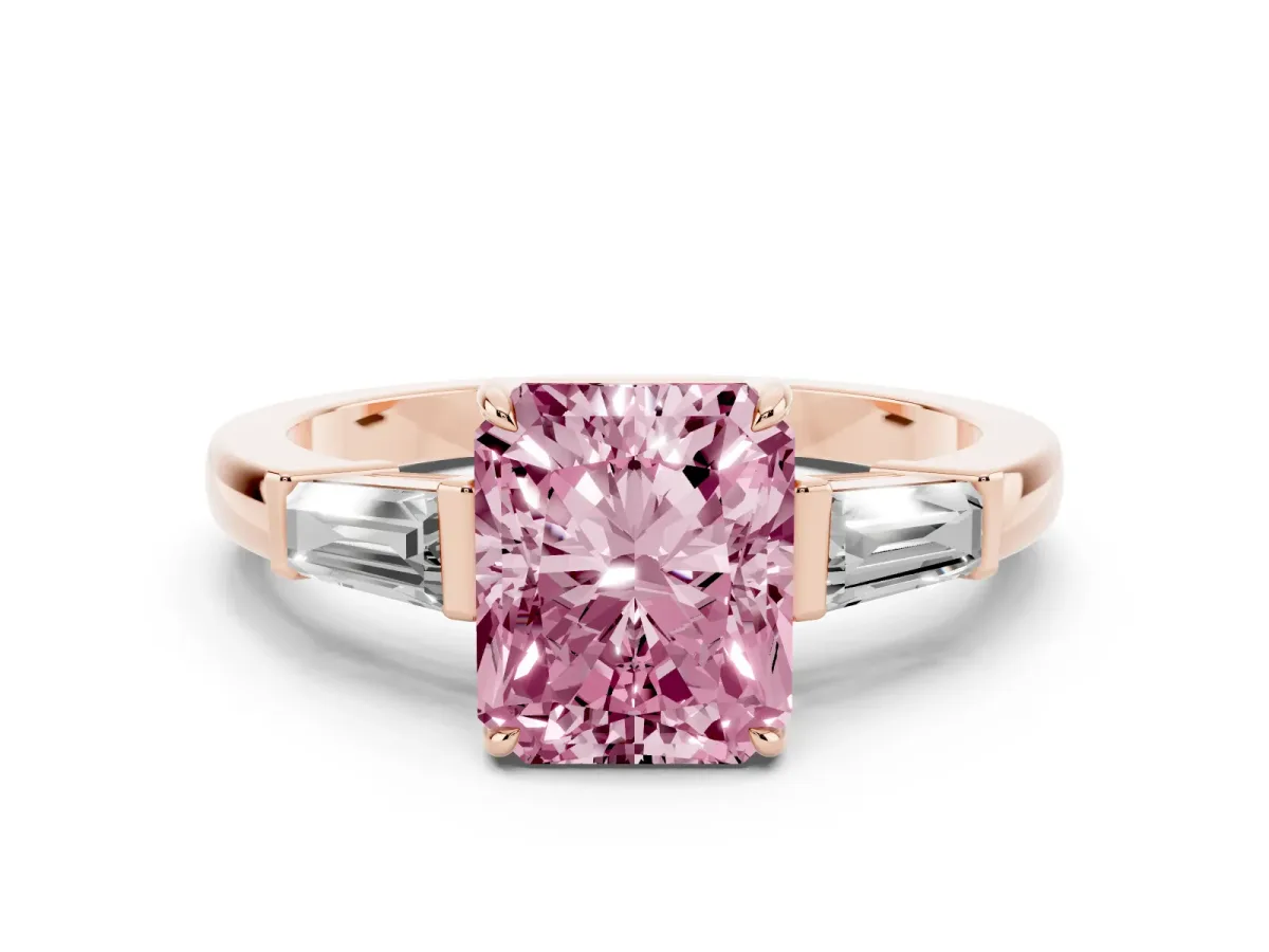 Fancy Pink Radiant Cut Diamond Three-Stone Ring with Tapered Baguette Side Stones and Prong Setting Rose gold
