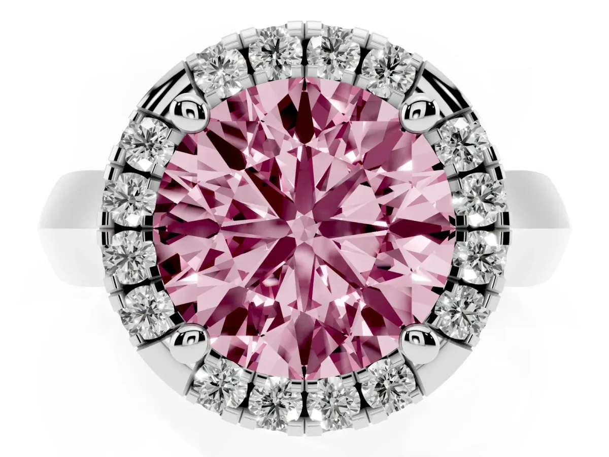 Fancy Pink Round Cut Cut Halo Solitaire Engagement Ring with Square Band and Four-Prong Setting Silver