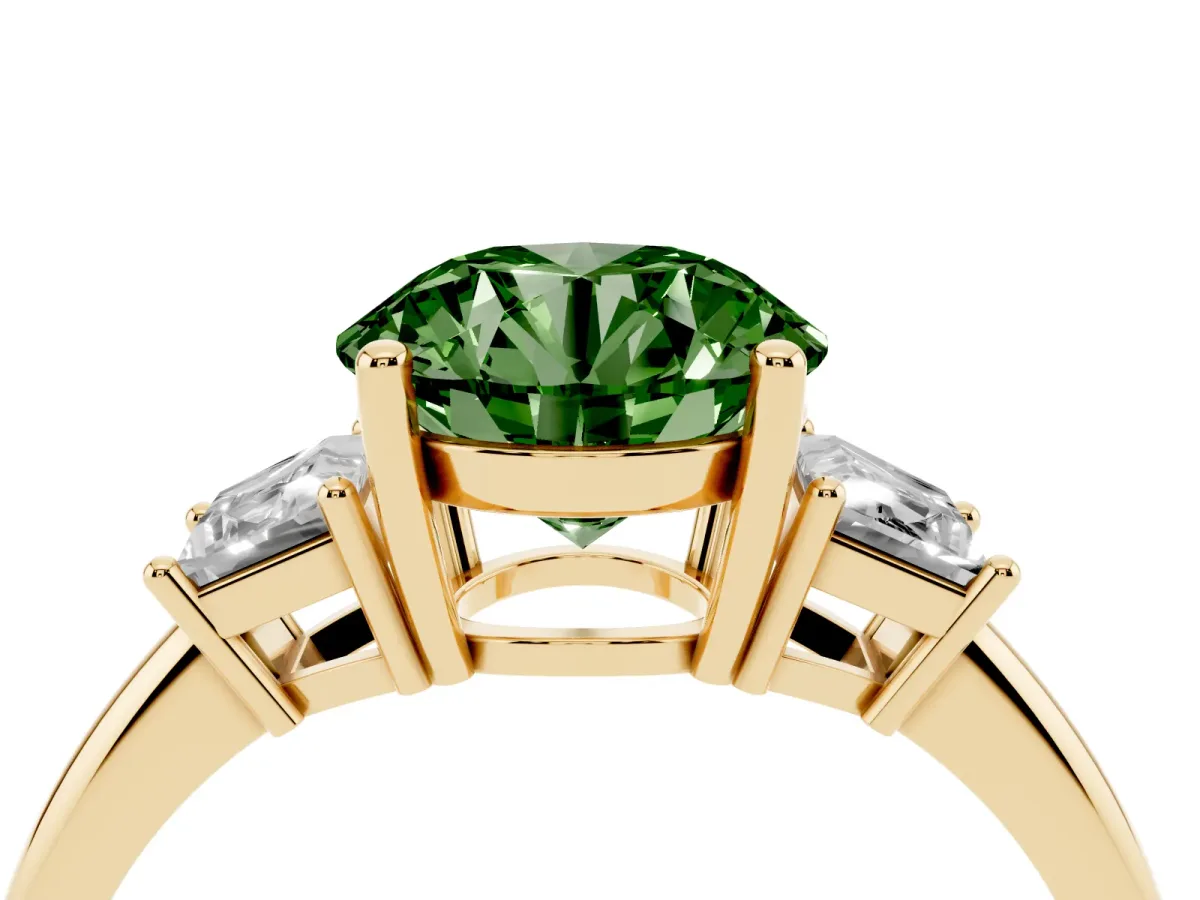 Fancy Green Round Cut Diamond Three-Stone Ring with Trapezoid Side Stones and Prong Setting Yellow gold