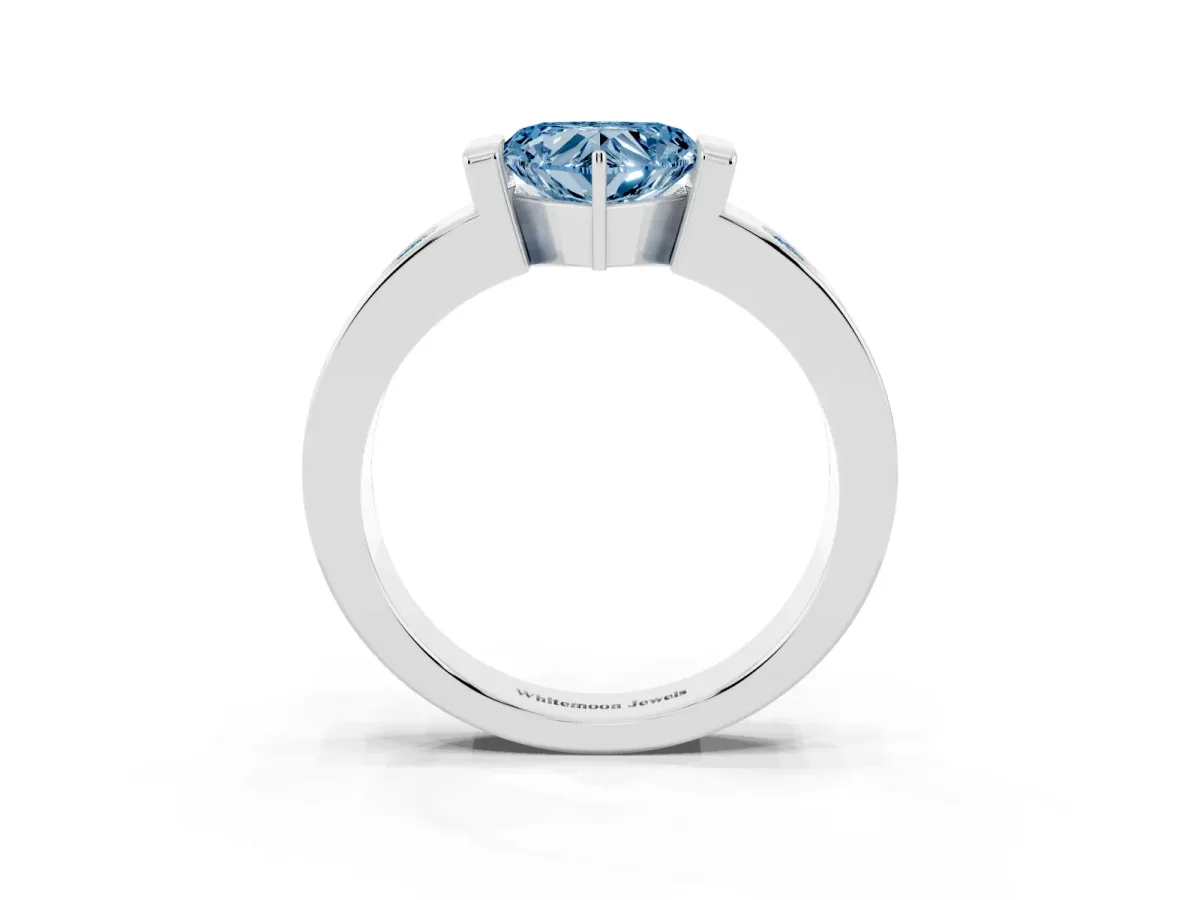 Fancy Blue Heart Cut Brilliant Channel-Set Diamond Ring with Bezel Prong Setting Silver