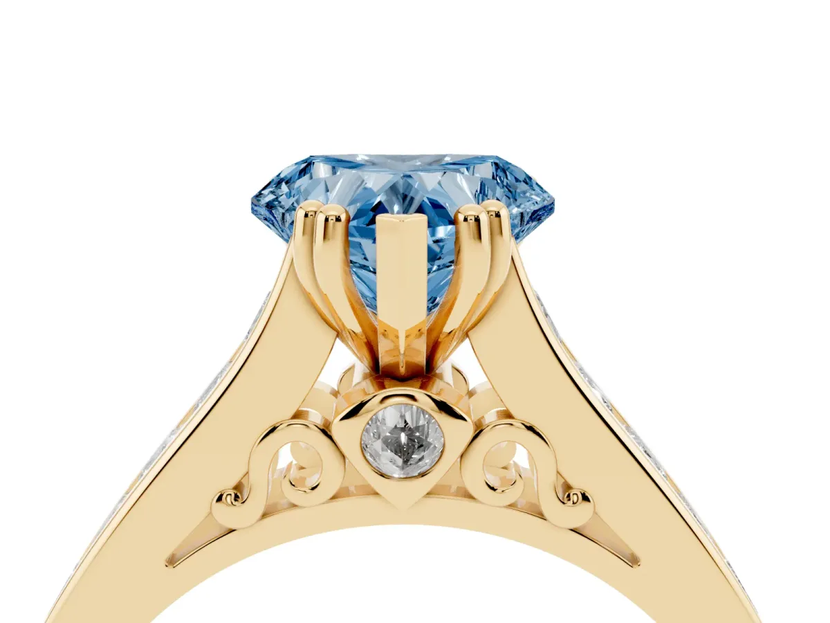 Fancy Blue Heart Cut Cut Channel Set Solitaire Engagement Ring with Prong Setting Yellow gold