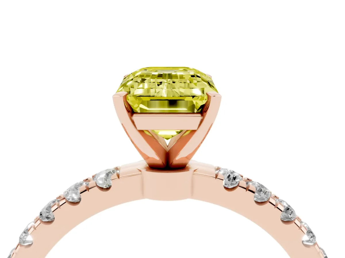 Fancy Yellow Emerald Cut Diamond Solitaire Ring with Pavé Accents and Four-Prong Setting Rose gold