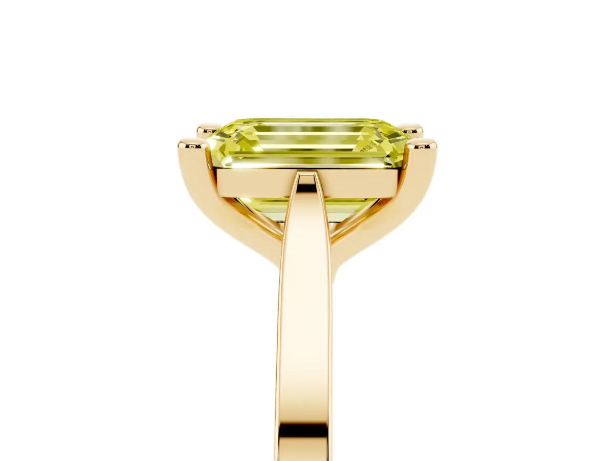 Fancy Yellow Emerald Cut Solitaire Diamond Ring with Four-Prong Setting and Tapered Band Yellow gold