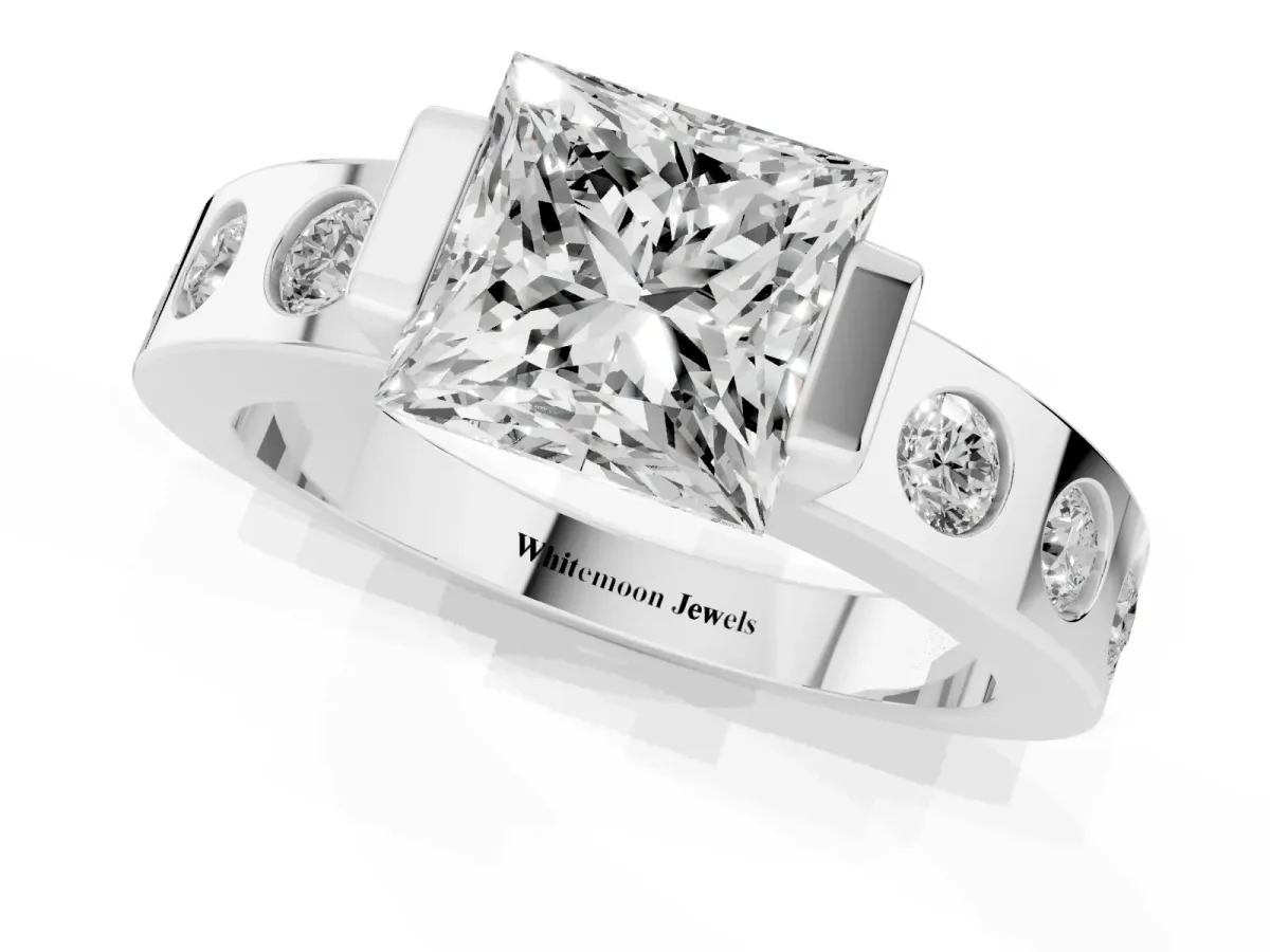 Princess Cut Brilliant Channel-Set Diamond Ring with Bezel Prong Setting Silver