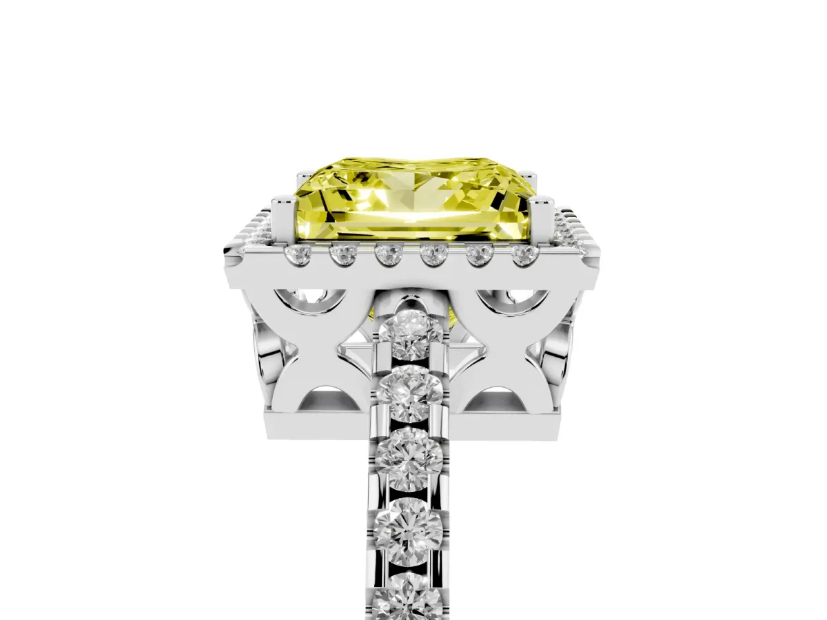 Fancy Yellow Princess Cut Diamond Halo Engagement Ring with Pavé Band and Prong Setting Silver
