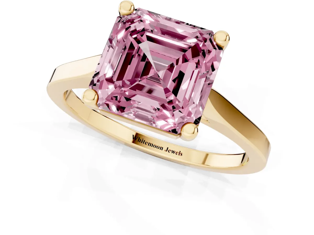 Fancy Pink Asscher Cut Solitaire Diamond Ring with Four-Prong Setting and Tapered Band Yellow gold