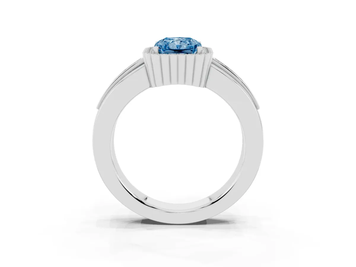Fancy Blue Radiant Cut Cut Halo Pave Band Four-Prong Ring Silver
