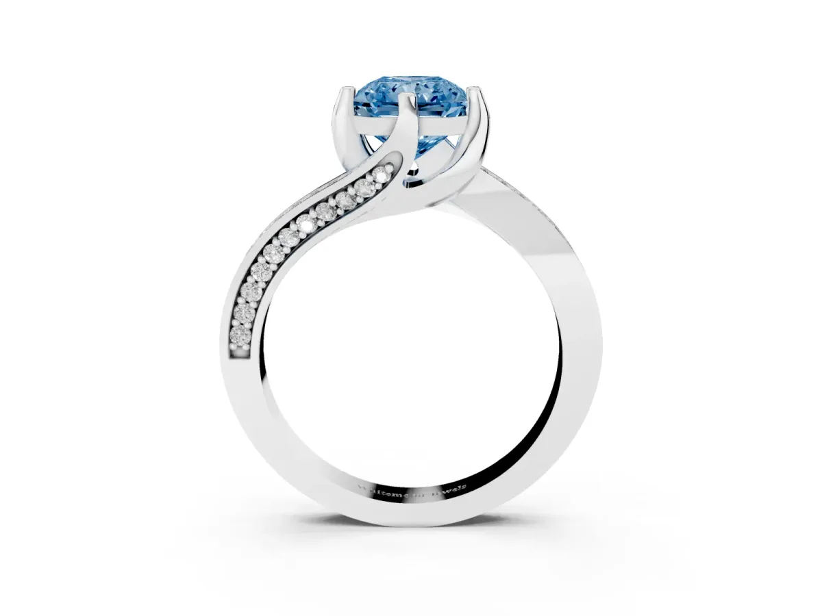 Fancy Blue Radiant Cut Solitaire Diamond Twist Band with Pavé Setting and Four-Prong Setting Silver