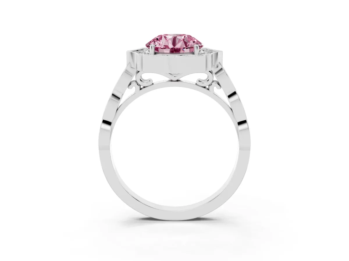 Fancy Pink Round Cut Halo Diamond Engagement Ring with Milgrain Band and Four-Prong Setting Silver