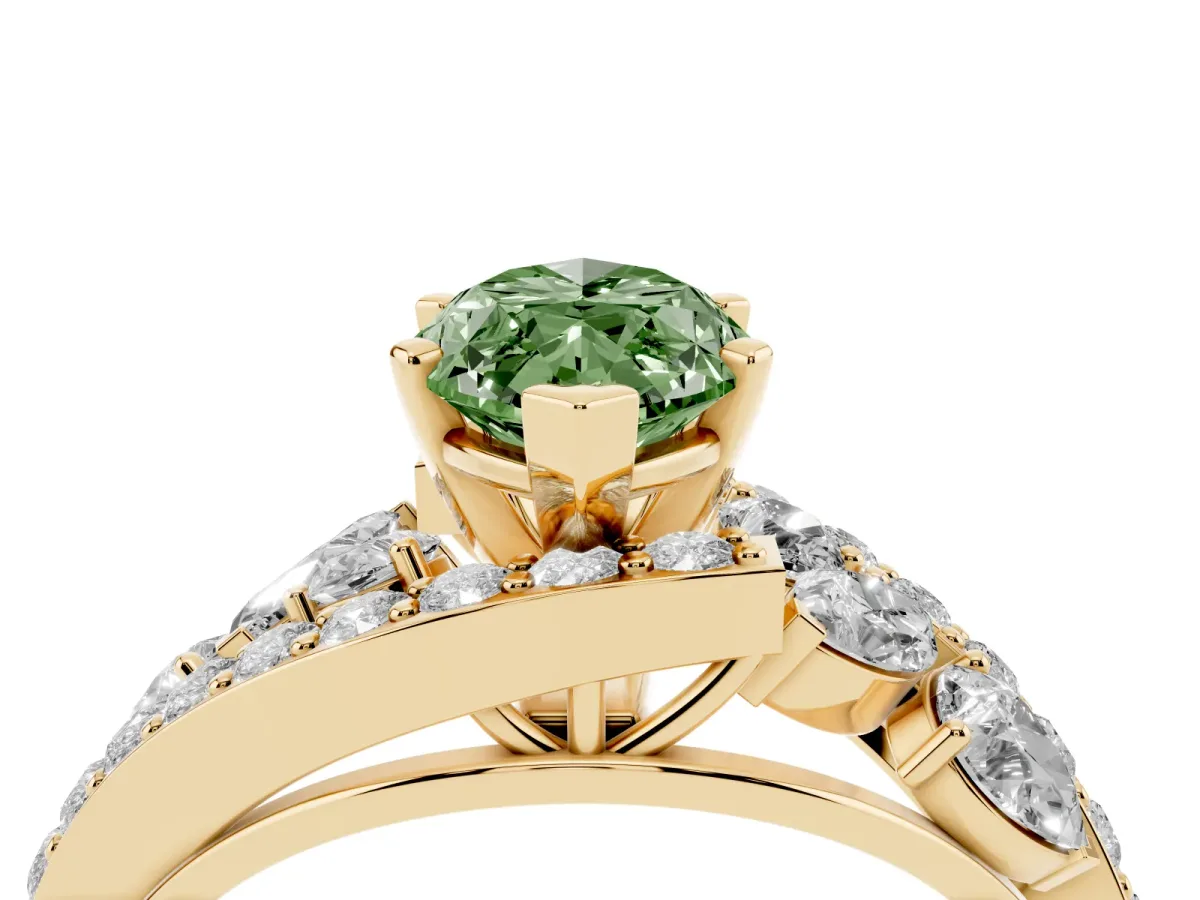 Fancy Green Marquise Cut Diamond Halo Ring with Marquise and Pavé Band in Prong Setting Yellow gold