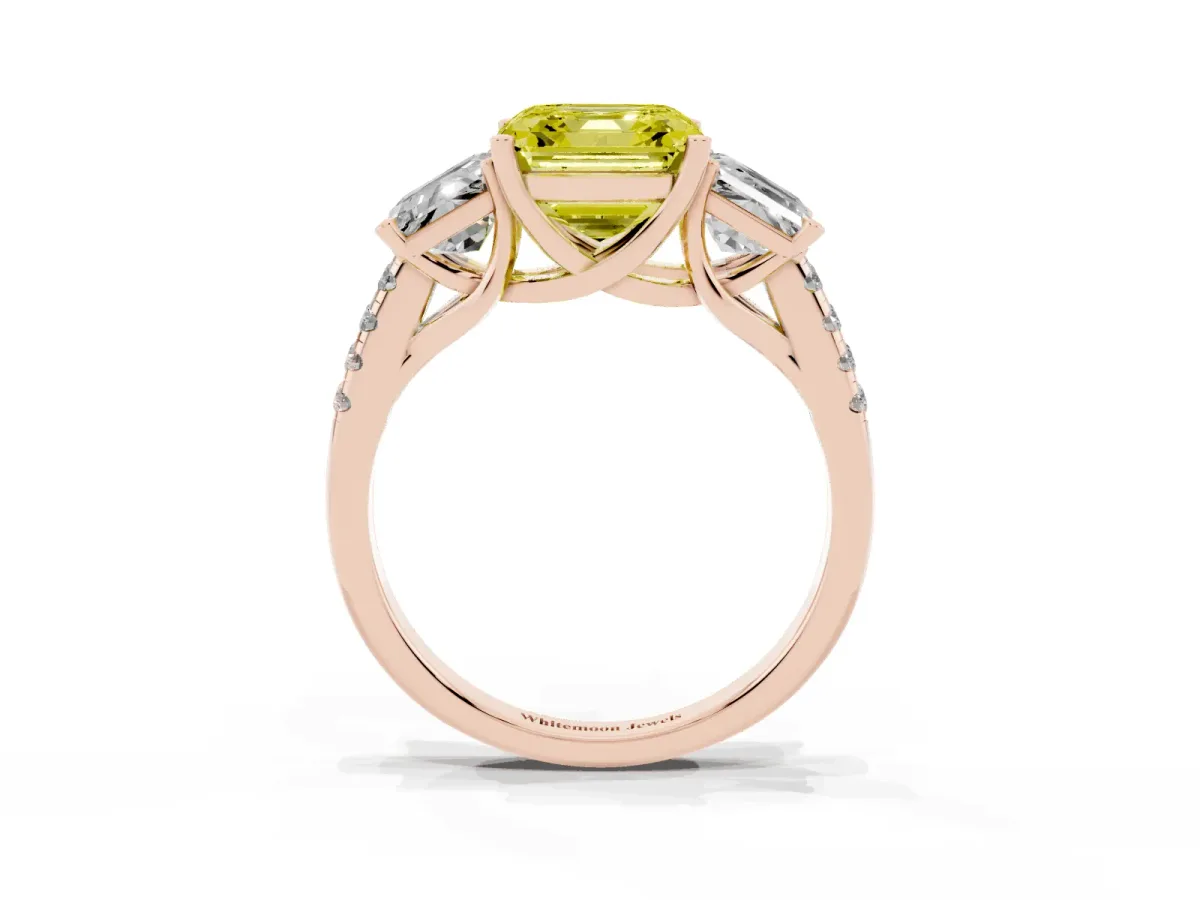 Fancy Yellow Three-Stone Asscher Cut Diamond Ring with Round Pavé Band and Prong Setting Rose gold