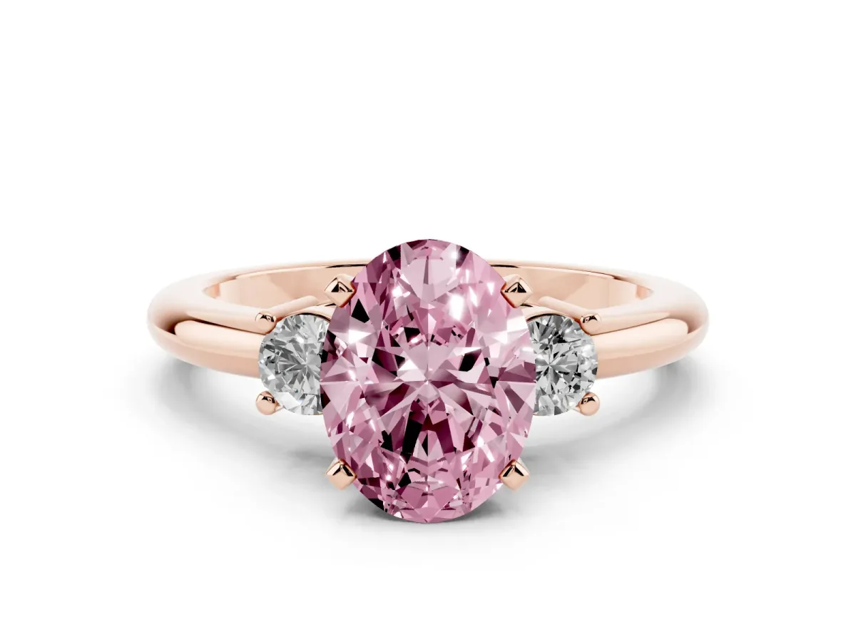 Fancy Pink Three-Stone Oval Cut Cut Diamond Solitaire with Prong Setting and Classic Band Rose gold