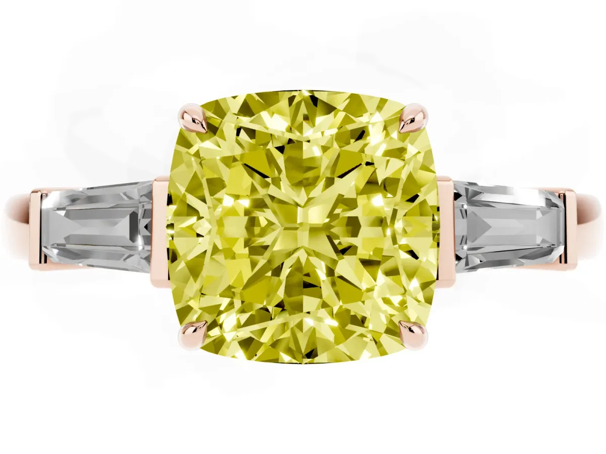 Fancy Yellow Cushion Cut Diamond Three-Stone Ring with Tapered Baguette Side Stones and Prong Setting Rose gold