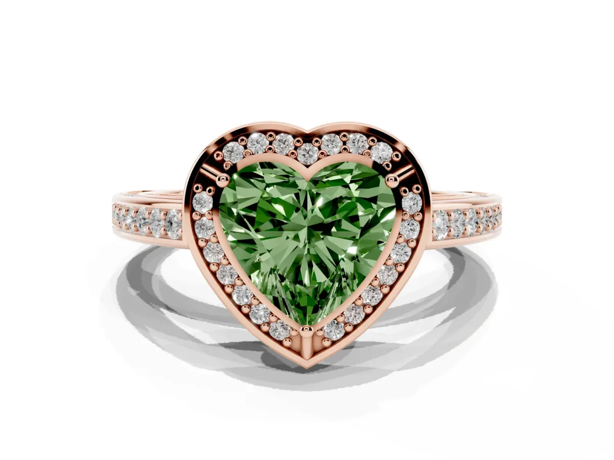 Fancy Green Heart Cut Cut Halo Pave Split Shank Prong Setting Ring Rose gold