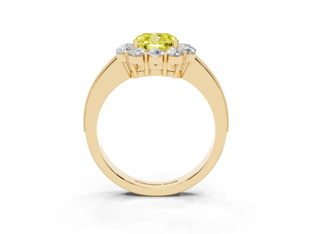 Fancy Yellow Cushion Cut Cut Halo Diamond Pavé Engagement Ring with Milgrain Detailing Yellow gold