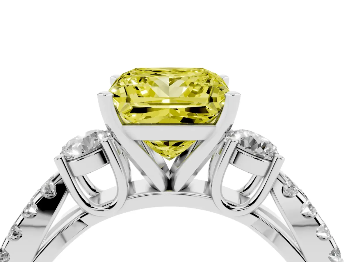 Fancy Yellow Princess Cut Diamond Three-Stone Ring with Pavé Split Shank and Four-Prong Setting Platinum