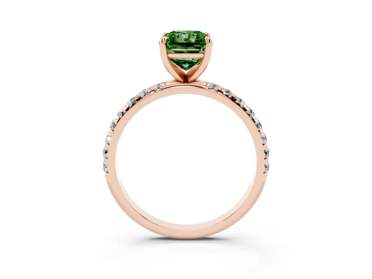 Fancy Green Radiant Cut Cut Diamond Solitaire Ring with Micro Pave Band and Four Prong Setting Rose gold