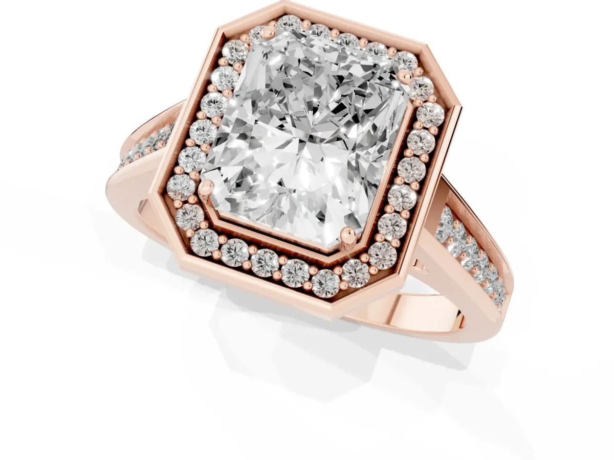Emerald Cut Halo Solitaire Diamond Ring with Pave Band and Bezel Setting Rose gold