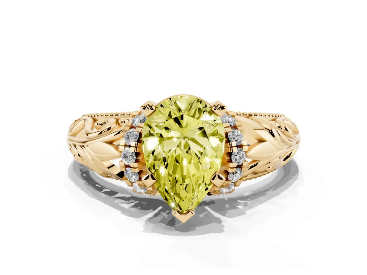 Fancy Yellow Pear Cut Solitaire Filigree Engagement Ring with Halo and Prong Setting Yellow gold