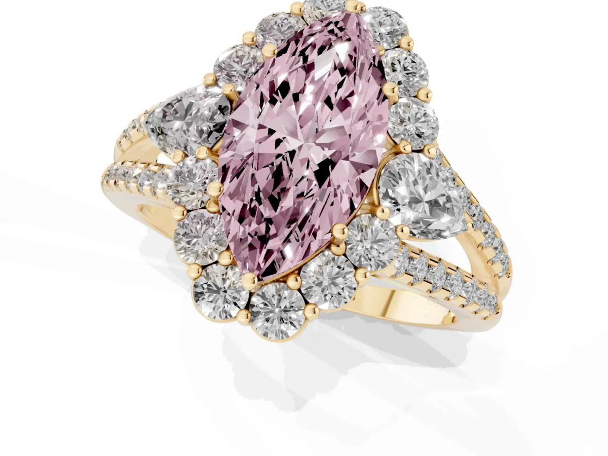 Fancy Pink Marquise Cut Halo Split Shank Diamond Engagement Ring with Prong Setting Yellow gold
