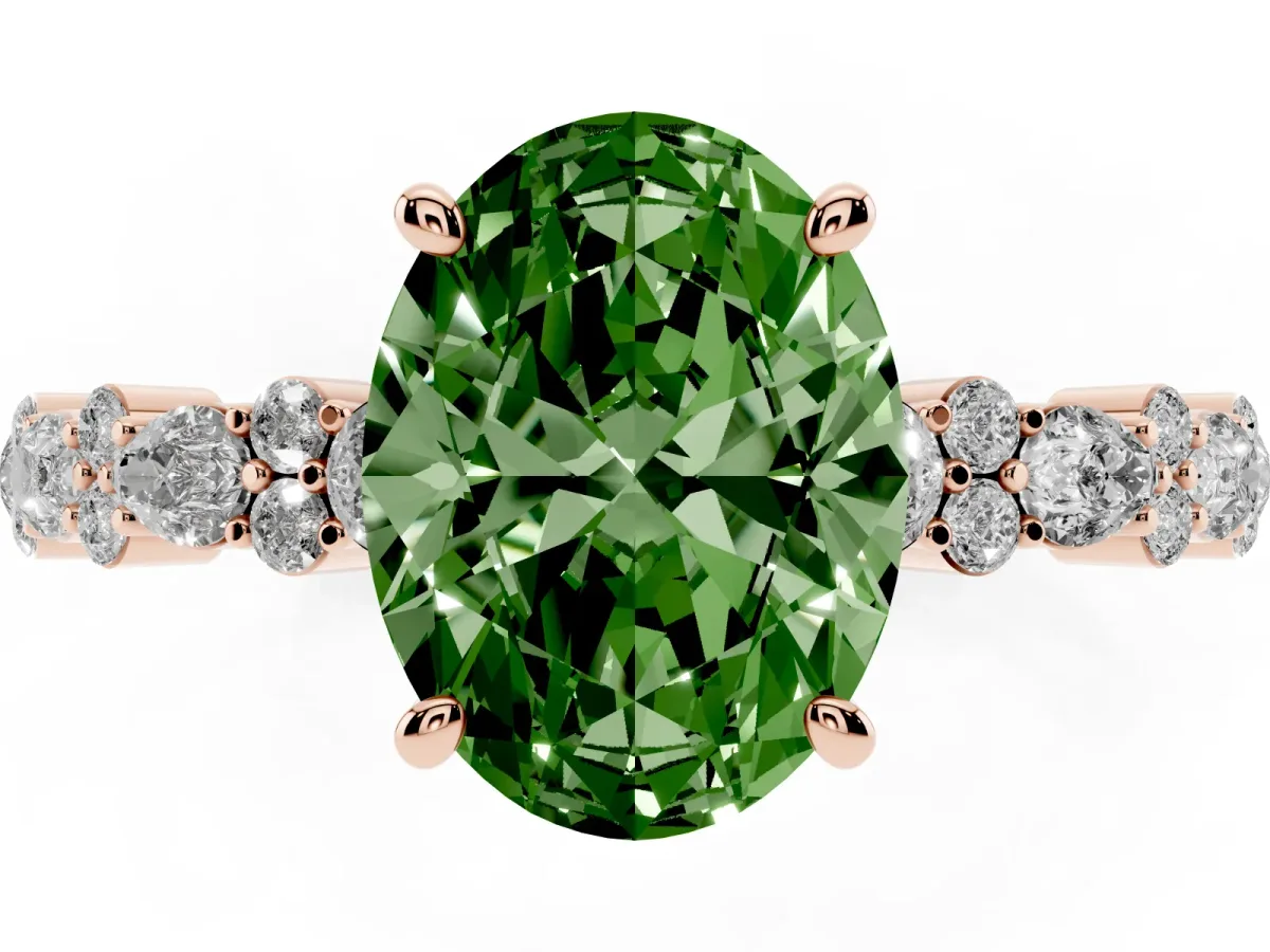 Fancy Green Oval Cut Diamond Side Stone Solitaire Ring with Round and Four-Prong Setting Rose gold