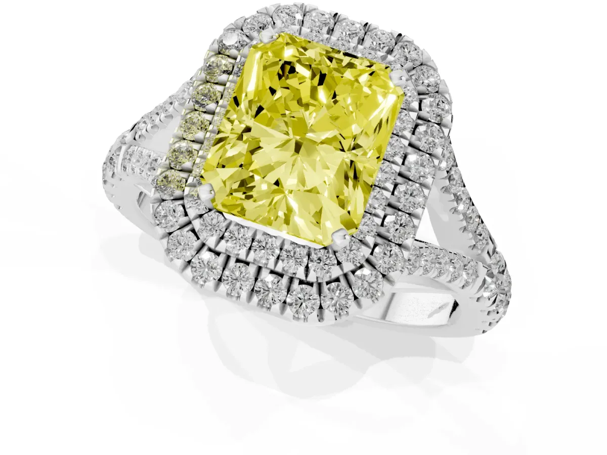 Fancy Yellow Radiant Cut Diamond Double Halo Ring with Split Shank and Prong Setting Platinum