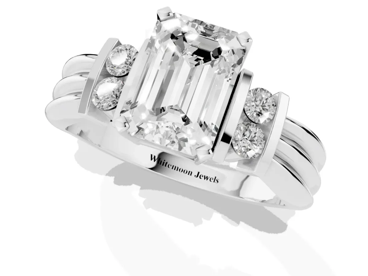 Emerald Cut Cut Three-Stone Channel Set Ring with Bar Prongs Platinum