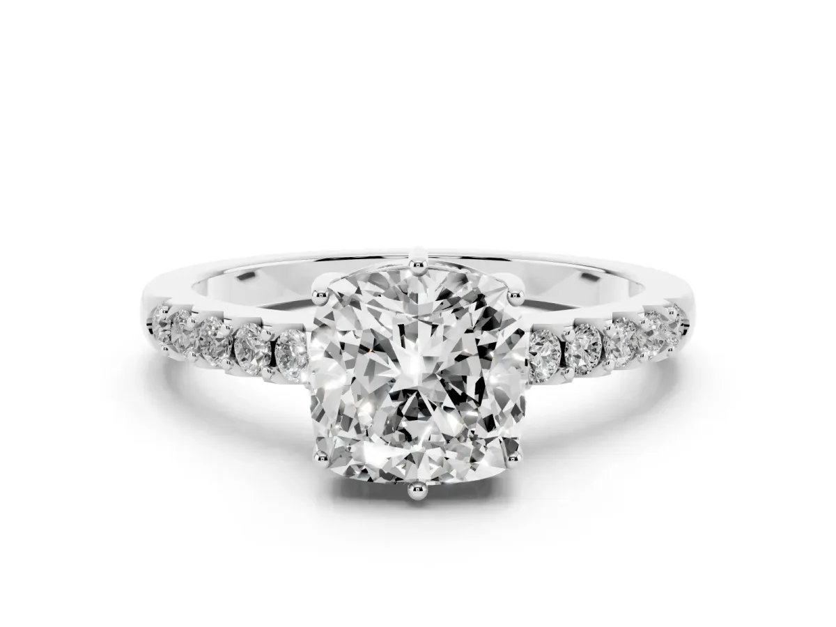 Cushion Cut Solitaire Diamond Engagement Ring with Pavé Band and Six-Prong Setting Silver