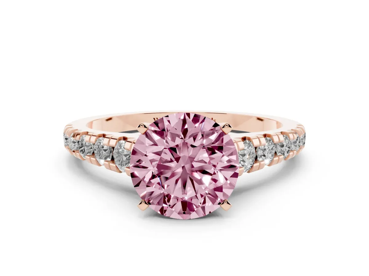 Fancy Pink Round Cut Diamond Cathedral Solitaire Ring with Round Pavé Band Rose gold