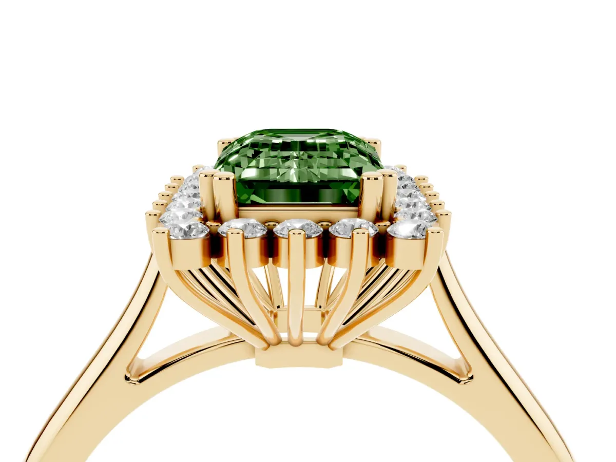 Fancy Green Emerald Cut Cut Diamond Halo Ring with Solitaire Band and Prong Setting Yellow gold