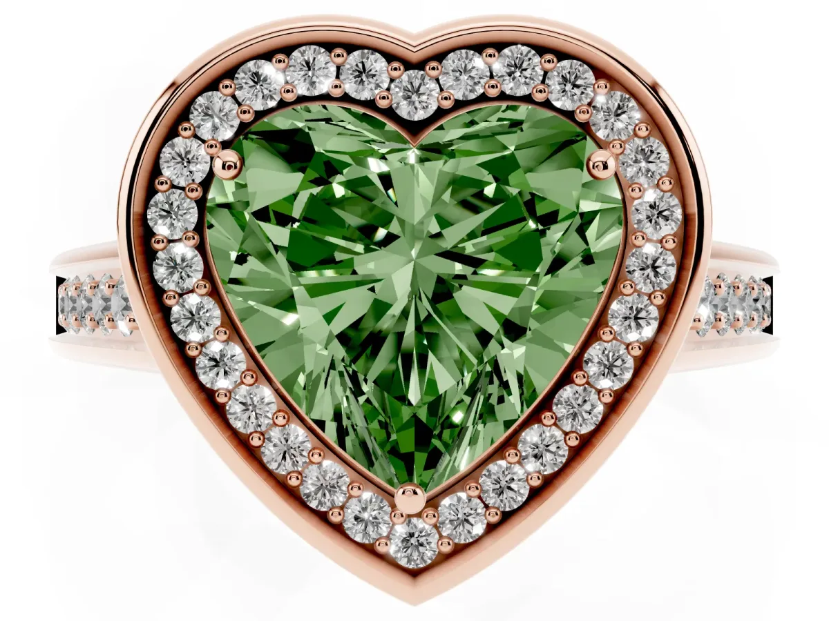 Fancy Green Heart Cut Halo Solitaire Diamond Ring with Pave Band and Bezel Setting Rose gold