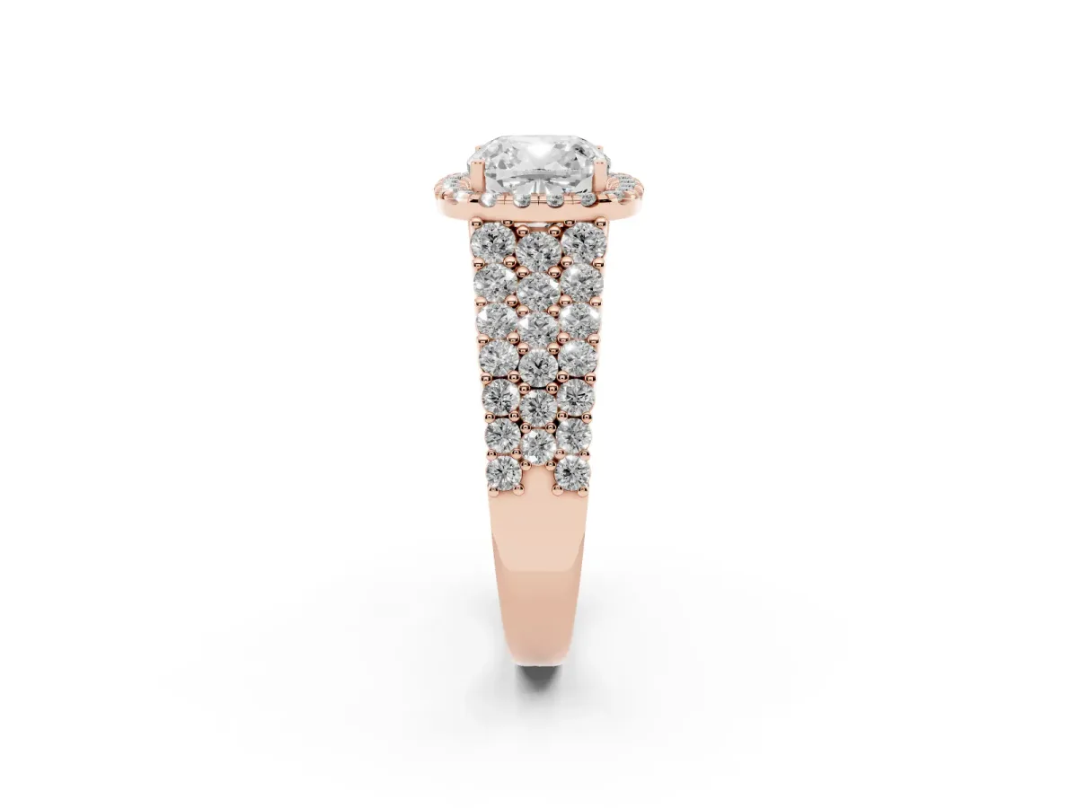 Cushion Cut Diamond Halo Engagement Ring with Triple Row Round Pavé Band and Prong Setting Rose gold
