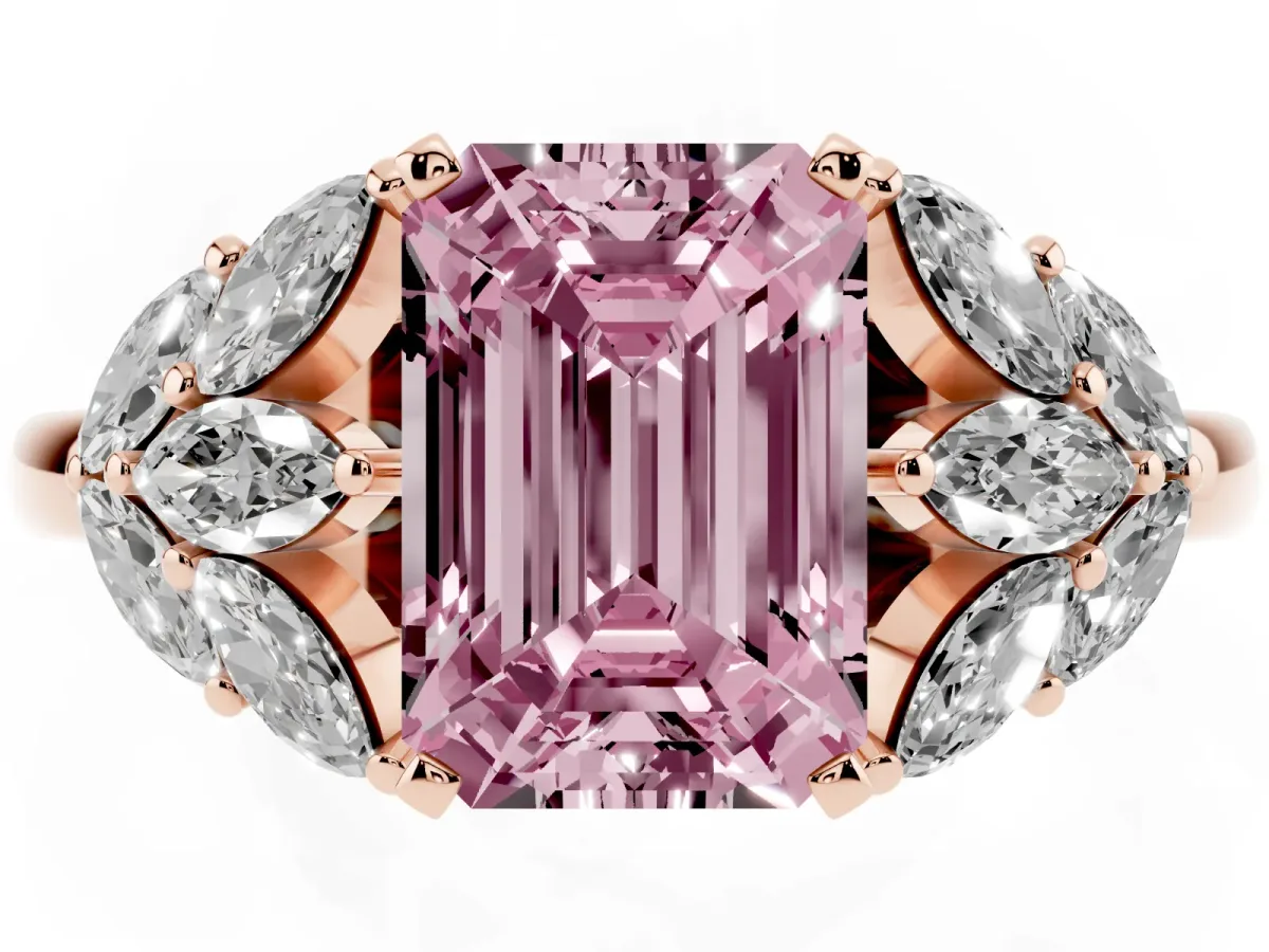 Fancy Pink Emerald Cut Diamond Cluster Leaf Design Ring with Prong Setting Rose gold