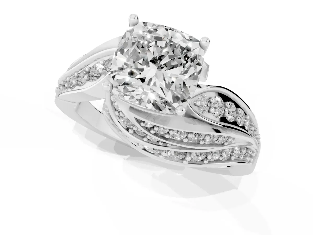 Cushion Cut Diamond Solitaire Ring with Prong Setting and Twisted Pavé Band Silver