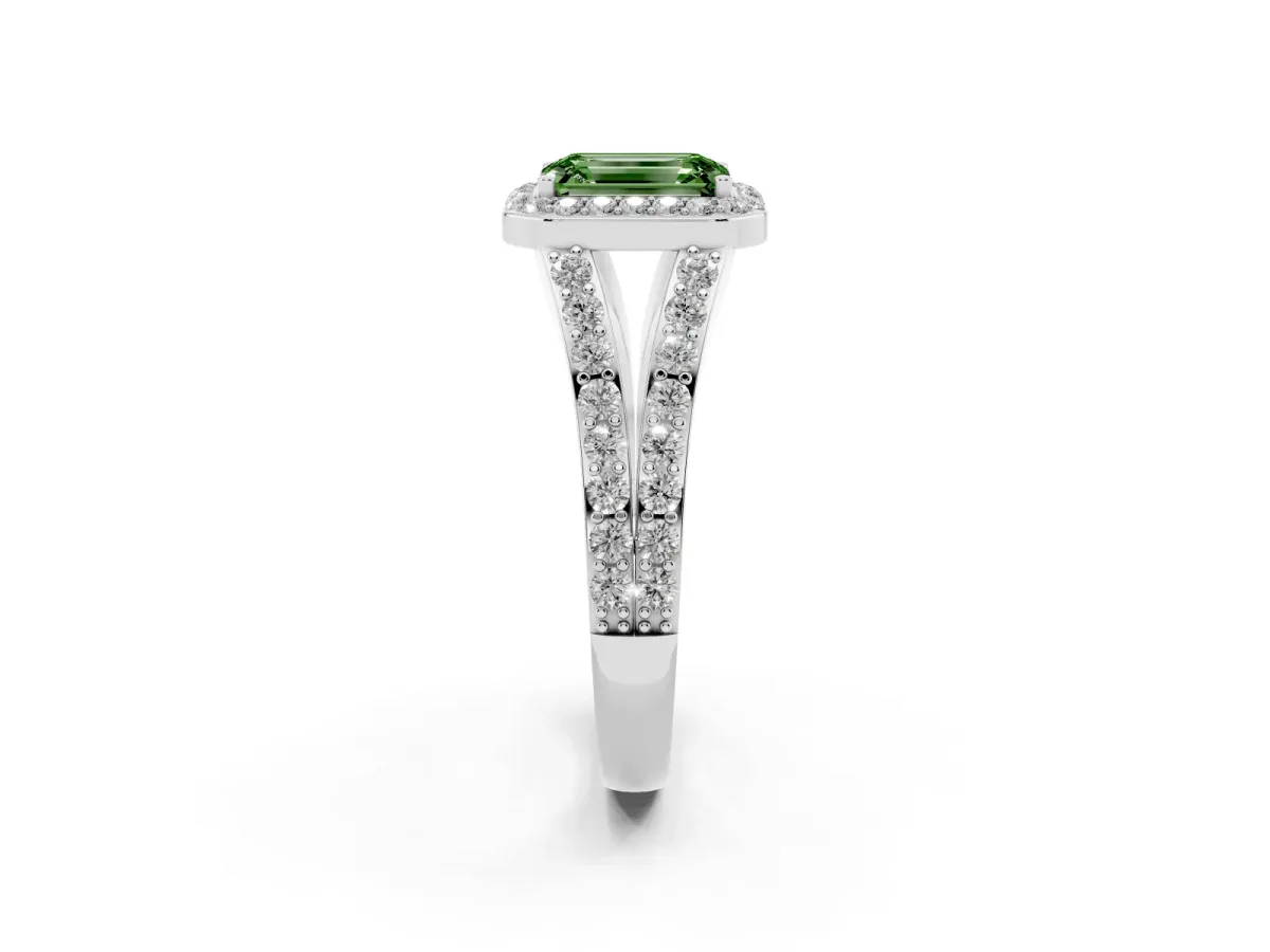 Fancy Green Emerald Cut Diamond Split Shank Halo Ring with Four-Prong Setting Platinum