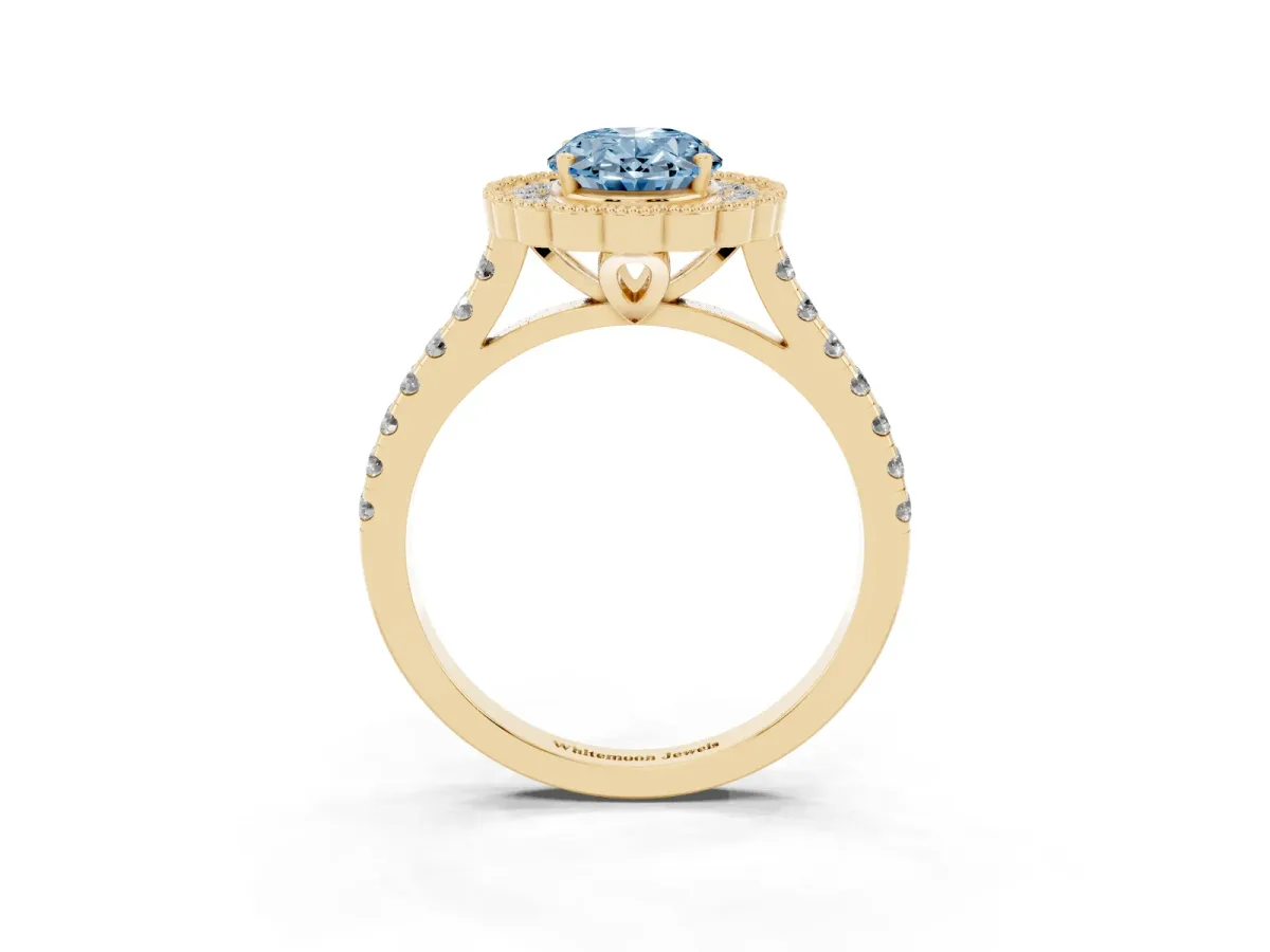 Fancy Blue Oval Cut Cut Diamond Milgrain Floral Halo Engagement Ring with Pavé Band Yellow gold