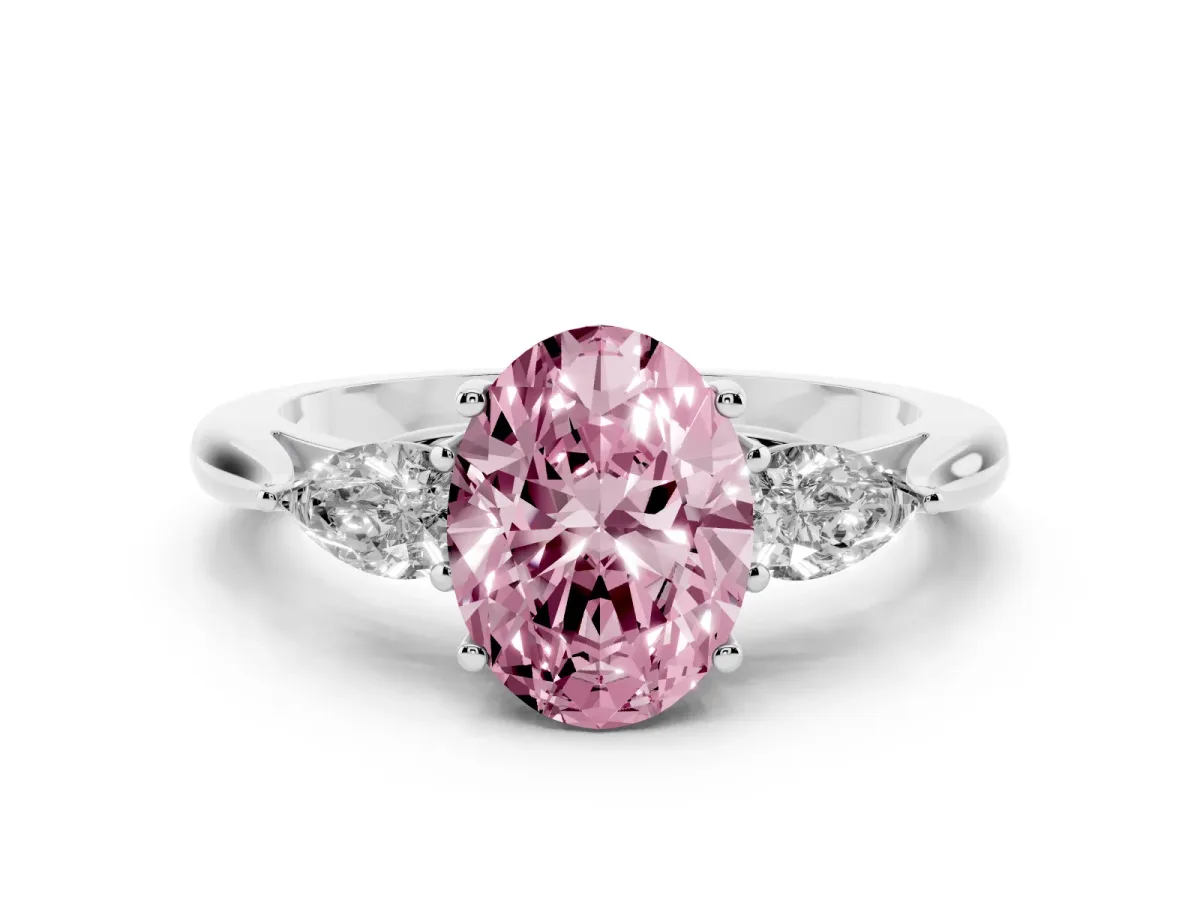 Fancy Pink Three-Stone Oval Cut Diamond Ring with Pear Side Stones in Four-Prong Setting Platinum