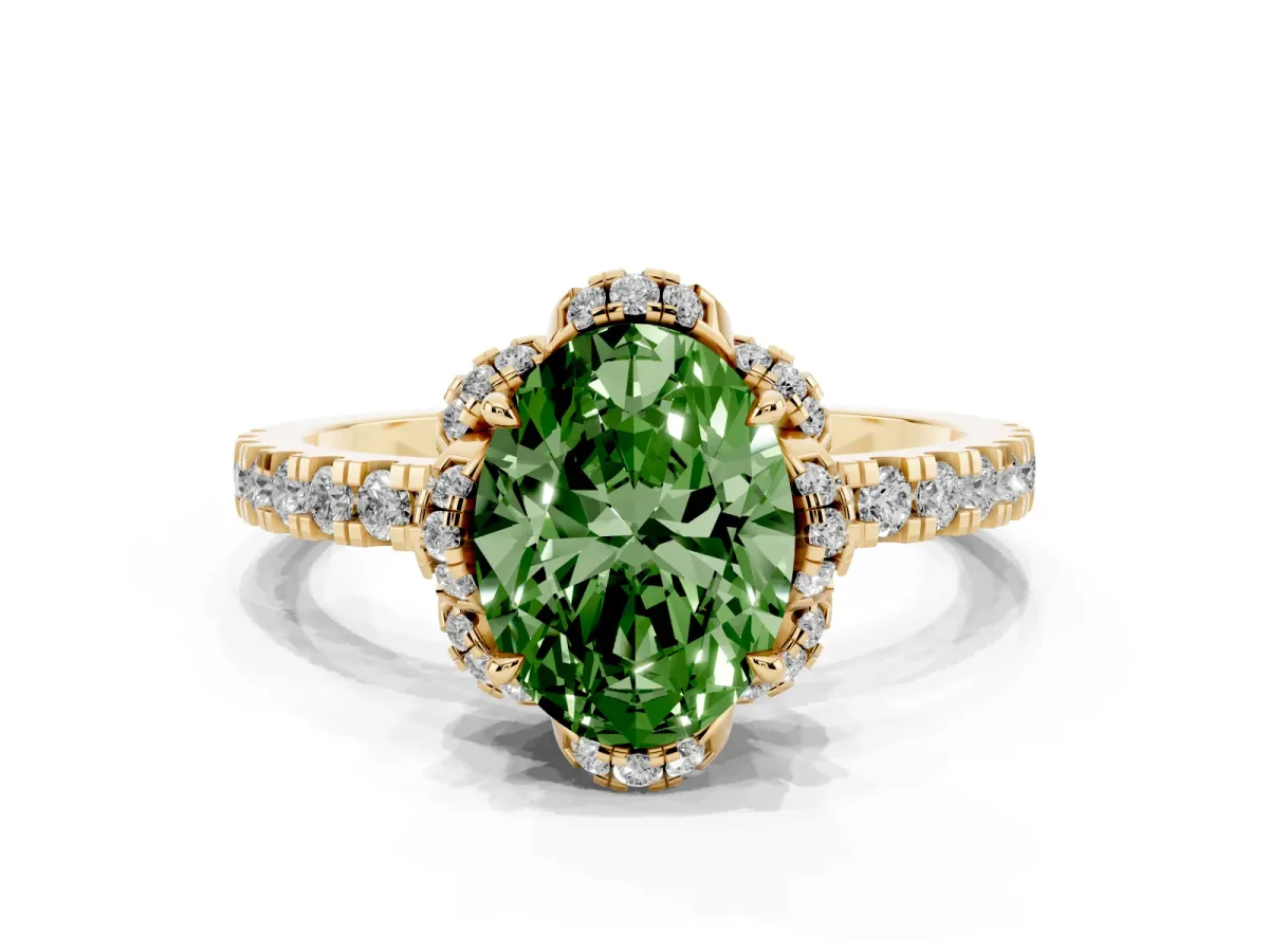 Fancy Green Oval Cut Halo Diamond Pave Band Ring with Four-Prong Setting Yellow gold