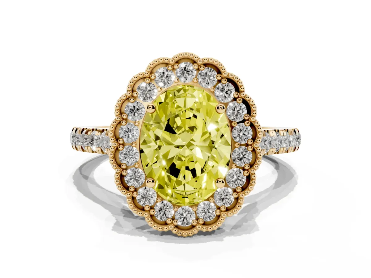 Fancy Yellow Oval Cut Cut Diamond Milgrain Floral Halo Engagement Ring with Pavé Band Yellow gold