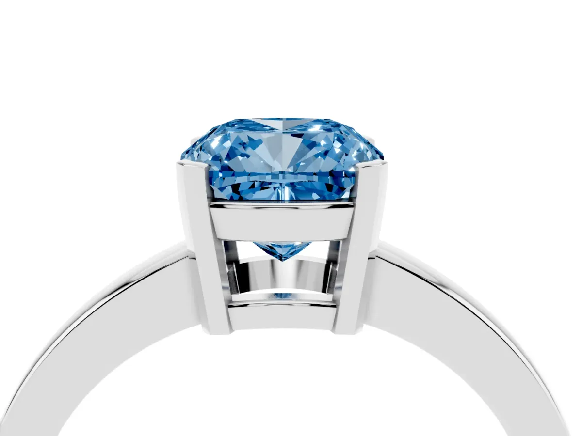 Fancy Blue Cushion Cut Cut Solitaire Ring with Four-Prong Setting and Classic Band Platinum