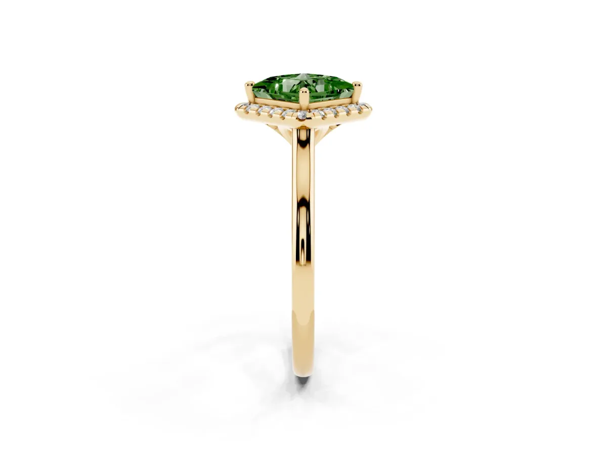 Fancy Green Princess Cut Halo Round Diamond Solitaire Engagement Ring with Pave Band and Four-Prong Setting Yellow gold