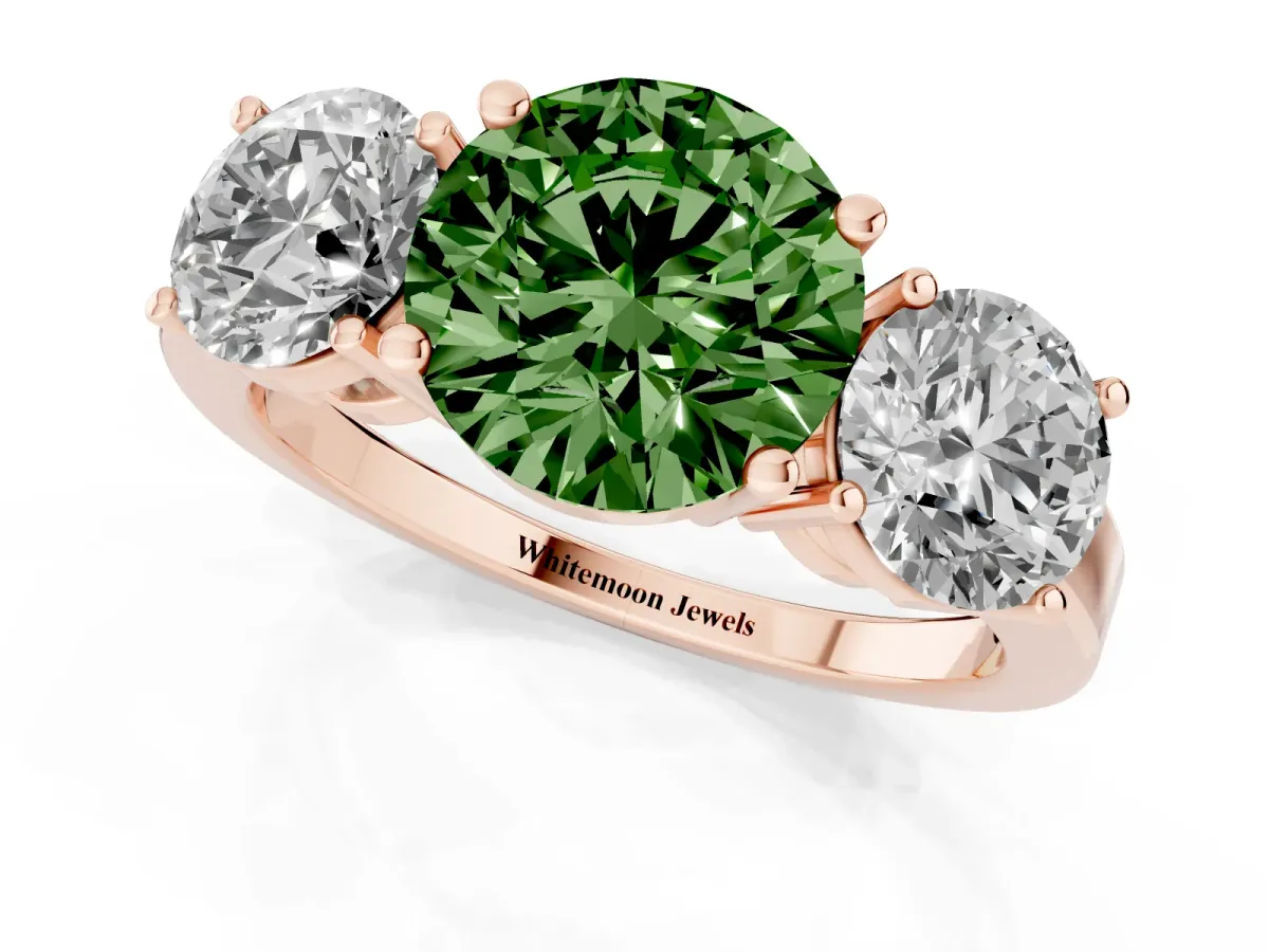 Fancy Green Three-Stone Round Cut Cut Diamond Engagement Ring with Flat Band and Four-Prong Setting Rose gold