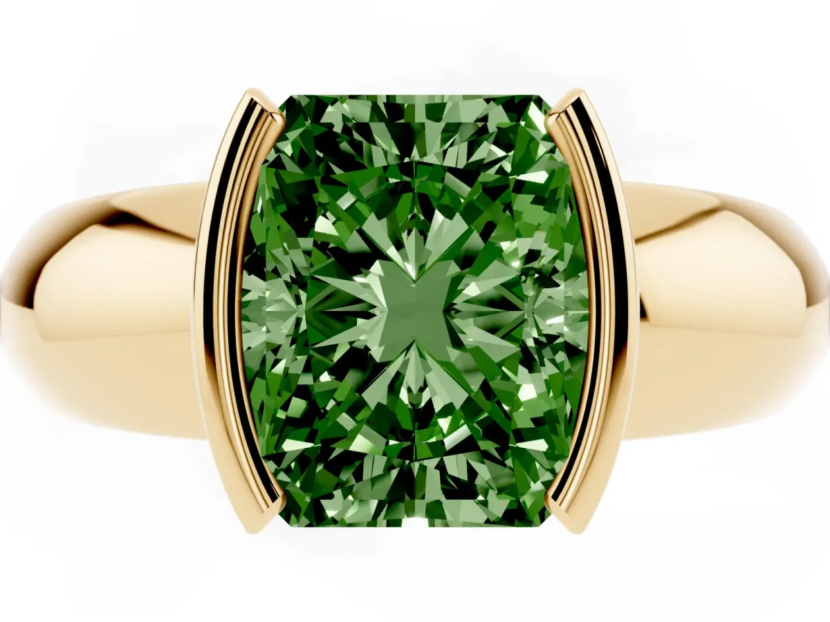 Fancy Green Radiant Cut Solitaire Tension Set Diamond Ring with Wide Band Yellow gold